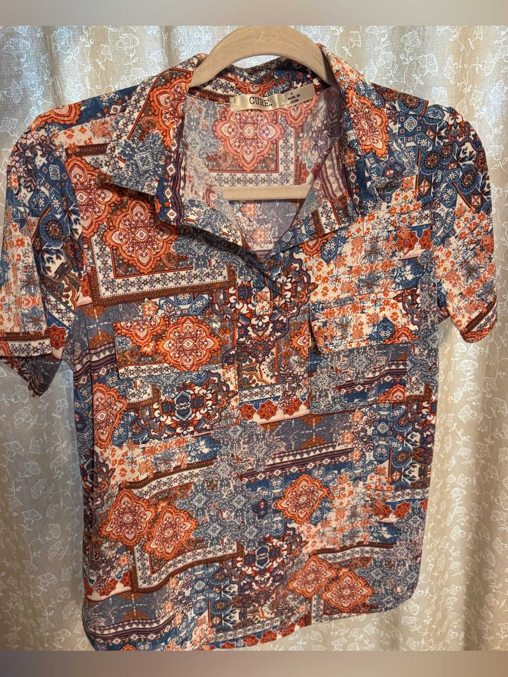 CURE. Boho Mosaic Tile Print Polo Blouse Small Whimsigoth Earthy